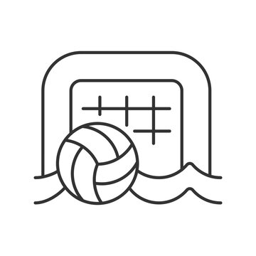 Beach soccer linear icon. Playing on sand surface. Beach football. Kicking ball at goal. Thin line customizable illustration. Contour symbol. Vector isolated outline drawing. Editable stroke