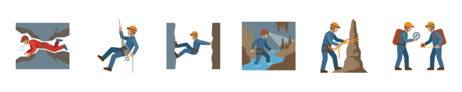 Illustrations of speleologists exploring caves and rappelling down cliffs