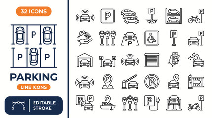 Parking line editable icon set. Contain icons related to parking, parking signs, parking area, and more. editable stroke. Vector illustration © MR7