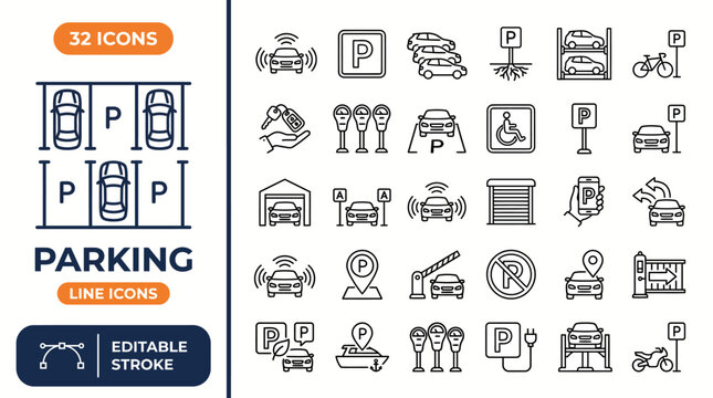 Parking line editable icon set. Contain icons related to parking, parking signs, parking area, and more. editable stroke. Vector file illustration