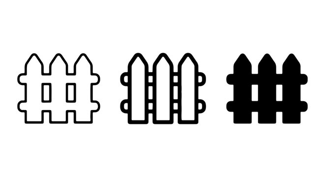 Picket Fence Icons, Simple Outline and Silhouette Styles, Garden Boundary Symbols