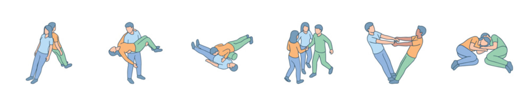 Illustrations of people demonstrating various first aid and rescue techniques