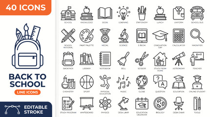 Back to school line editable icon set. Contain icons related to school, education, learning, studying, and more. Editable stroke. Vector illustration © MR7