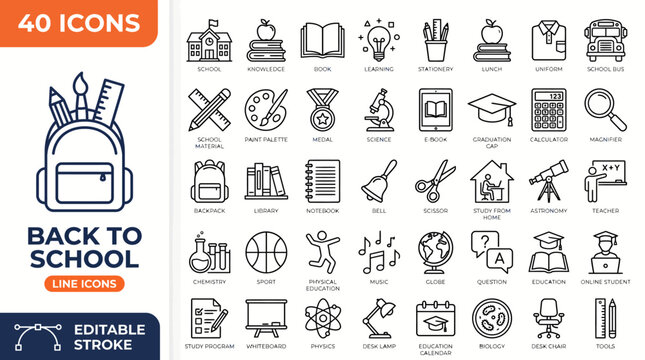 Back to school line editable icon set. Contain icons related to school, education, learning, studying, and more. Editable stroke. Vector illustration