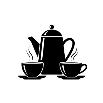 Black coffee pot with two cups of tea, white background, vector image