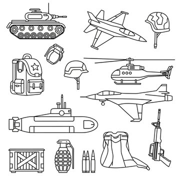 Military Equipment Collection: Vector Outline Illustrations