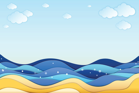 Vector EPS minimalist background illustration in paper craft style featuring sea, and clouds with free space in the middle, 3D, layered, eazy to edit