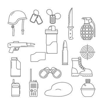 Military Equipment Set: Line Art Illustration on White