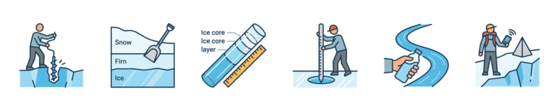 Scientific research in icy environments, illustrating fieldwork and data collection methods