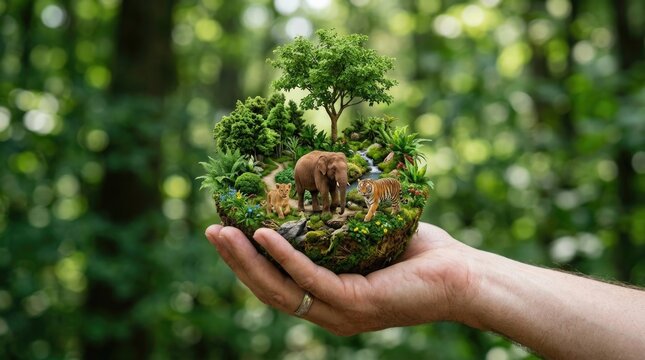 Hand holding miniature ecosystem with animals and plants