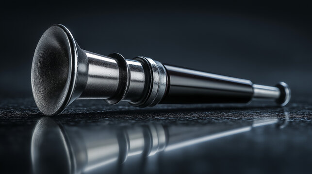 speculum. A classic medical otoscope with metal speculum reflecting clinical light on dark background. STEM education sheets.