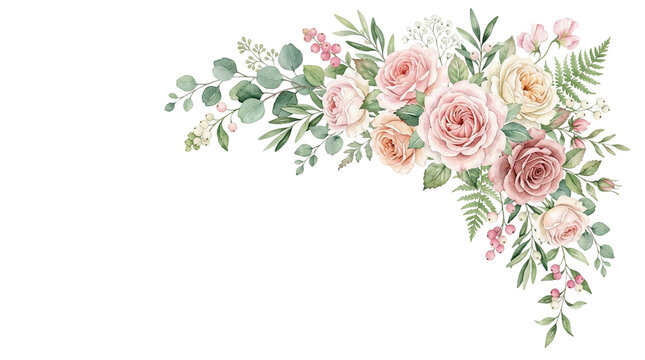 Soft Pastel Floral Arrangement, Romantic Rose and Eucalyptus Corner Decor, Delicate Botanical Illustration for Wedding Invitations, Greeting Cards, and Feminine Design Elements