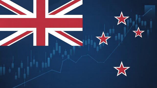 New Zealand flag, stock market graph, financial growth, investment background