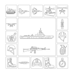 Obraz premium Military Icons Set: Line Art Silhouette of War Machines and Equipment
