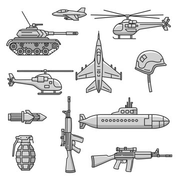 Military Vector Set: Tank, Helicopter, Aircraft, Weapons