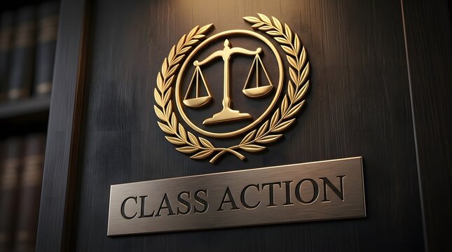 Class Action Lawsuit Sign with Justice Scale Symbol Legal Case Litigation Courtroom Law Firm and Consumer Rights Concept