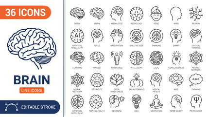 Brain line editable icon set. Containing mind, brain, thinking, mental health, intelligence, smart, cognition, and more. Editable stroke. Vector illustration  © MR7