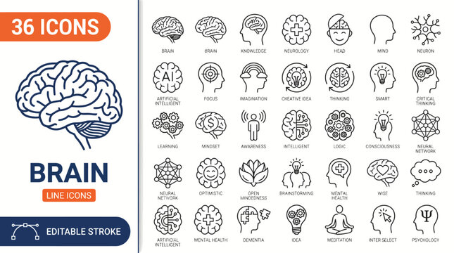 Brain line editable icon set. Containing mind, brain, thinking, mental health, intelligence, smart, cognition, and more. Editable stroke. Vector illustration	