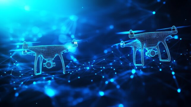 Two glowing blue digital drones flying through a complex network of interconnected data points in space