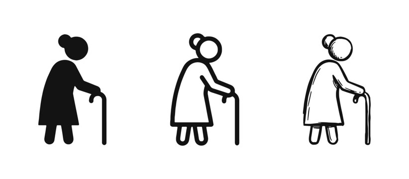 Elderly woman with walking stick icon set representing senior care and aging
