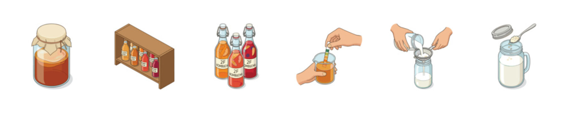 Kombucha brewing process illustrated with step-by-step icons and ingredients