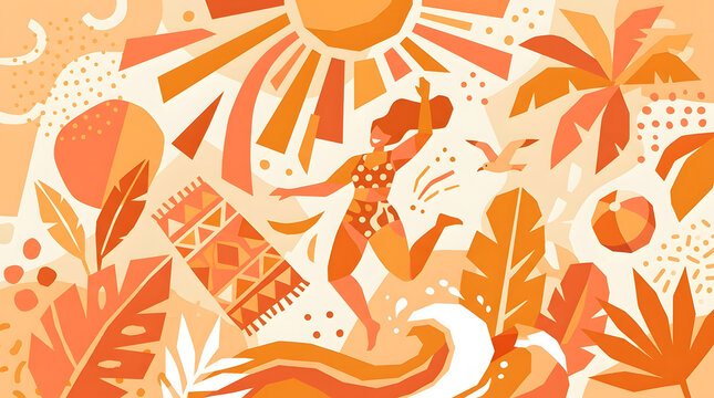 Summer illustration of a woman dancing on the beach with tropical leaves and big sun in orange hues illustration tropical vacation lifestyle character seasonal sunshine positivity energetic