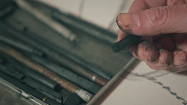 Close-up of dirty, smudged hands rolling charcoal, highlighting raw creativity, tactile engagement, and immersive artistic workflow.