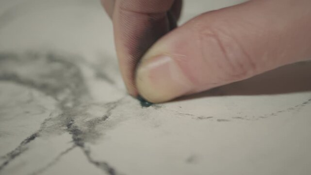 Macro close-up of finger smudging charcoal across paper, emphasizing tactile technique, control, and immersive learning in an evening art class.