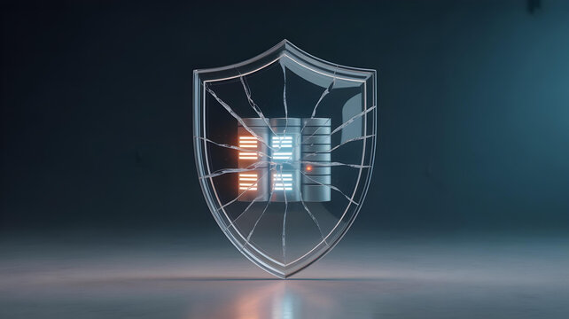 Digital security concept showing a cracked transparent shield protecting glowing computer server racks representing data defense.