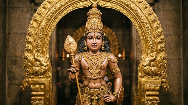Golden Lord Murugan Statue with Vel Spear for Thaipusam Hindu Worship