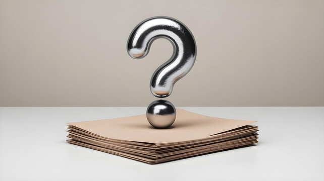A polished chrome three dimensional question mark rests upon a stack of brown documents representing mystery and unresolved inquiry.