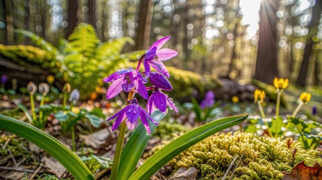 Morning light illuminates vibrant purple flowers and lush green plants in a serene forest landscape