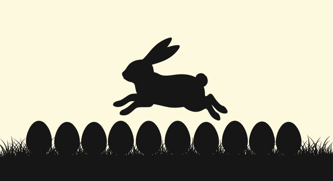 Silhouette of a rabbit leaping over a row of black egg shapes nestled in the grass against a warm cream background during a spring sunrise.