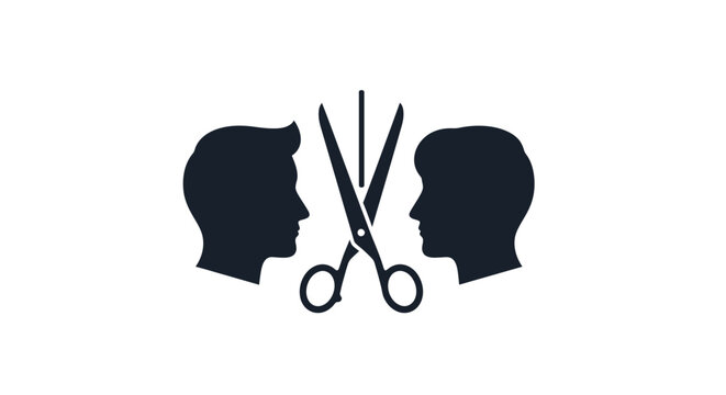 Barber shop logo with men silhouettes and scissors icon