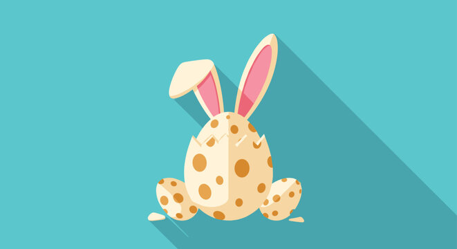 Spotted beige Easter egg with bunny ears and small shell fragments on a turquoise background with a shadow.