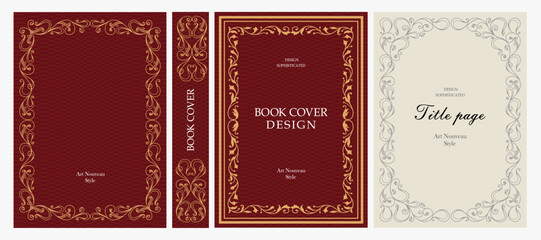 Fototapeta na wymiar Classic vintage book cover, title page, spine design with Art Deco, Baroque, Art Nouveau and Victorian ornaments. Elegant decorative frame, retro style for publications, posters and artistic layouts.