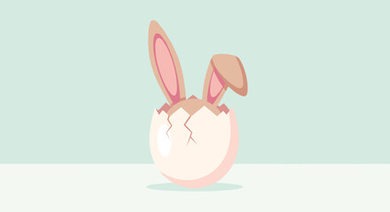 Obraz premium Simple white cracked egg with long brown bunny ears sticking out on a minimal light colored background.