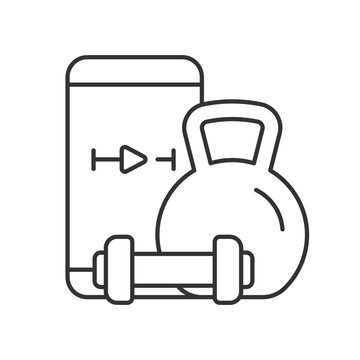 Online weightlifting exercises training linear icon. Weight management. Strength increasement. Thin line customizable illustration. Contour symbol. Vector isolated outline drawing. Editable stroke