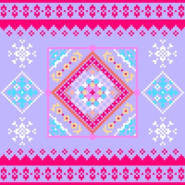 Pixel art Hmong pattern, colorful ethnic tribal geometric ornament, pink and purple traditional textile vector illustration.