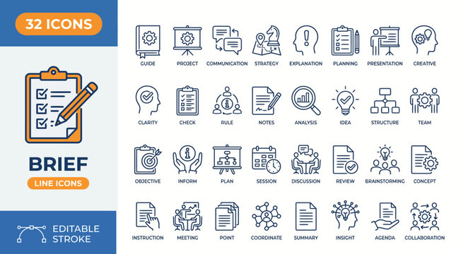 Brief icon set. Containing briefing, agenda, instruction, inform, planning, collaboration, team, note, insight, meeting, and more. Editable stroke. Vector illustration