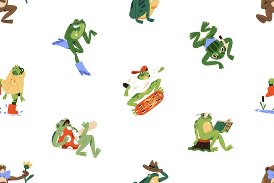 Repeatable pattern of cute baby frogs. Endless background of funny green toads, amusing froglets and happy froggy characters with flowers, skateboard and cocktail. Flat seamless vector illustration