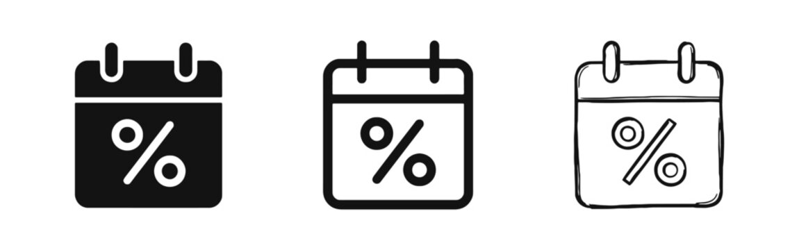 Discount Date and Sale Calendar Icon Set with Percentage Symbol for Promotions and Events