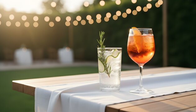 Refreshing summer cocktails at a wedding reception on a garden table with bokeh lights for outdoor celebration concept, elegant event catering in warm golden light