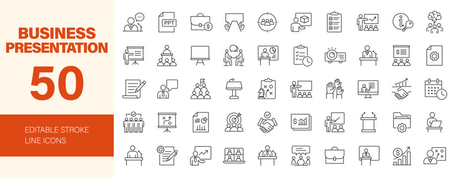 Business presentation icon set. Editable line icons. Vector illustration.