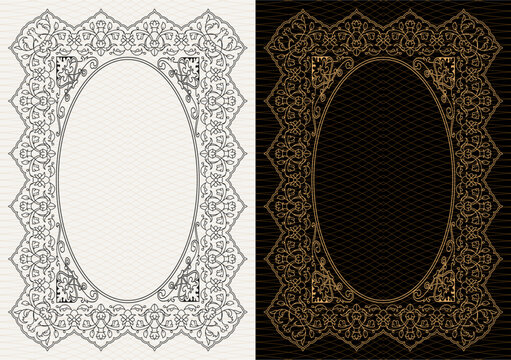 Luxury frame invitation card background vector. Elegant classic antique design, gold lines t, sparkle on black background. Premium design illustration for gala card, grand opening, art deco, magazine.