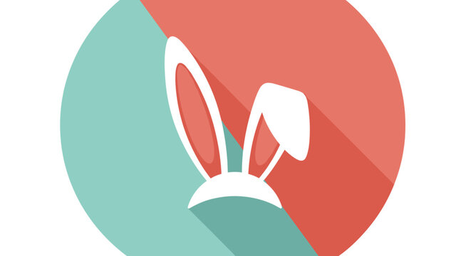 Clean minimalist white bunny ears icon set against a circular split color background of teal and coral hues.