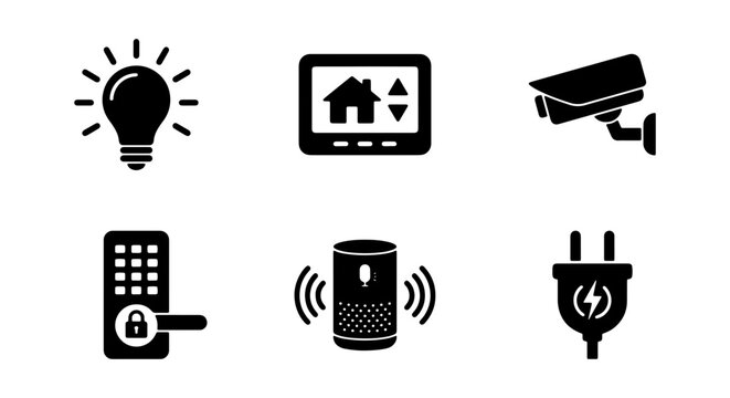 Smart Home Icons Set: Security Camera, Thermostat, Light Bulb, Smart Lock, Speaker, Power Plug Vector Icons