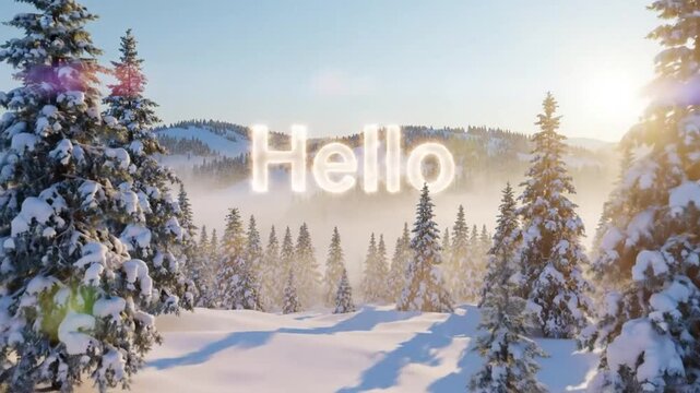 Scenic winter wonderland with snow-covered trees and the word Hello glowing in the air, creating a peaceful landscape
