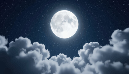 Fototapeta premium Full Moon Glowing Behind Fluffy Clouds at Night