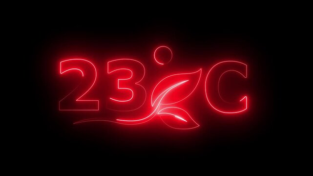 Glowing neon 23 Degree Celsius Energy Concept Animation with Growing Leaves, Ecology and Temperature Measurement Icon on Dark Background.